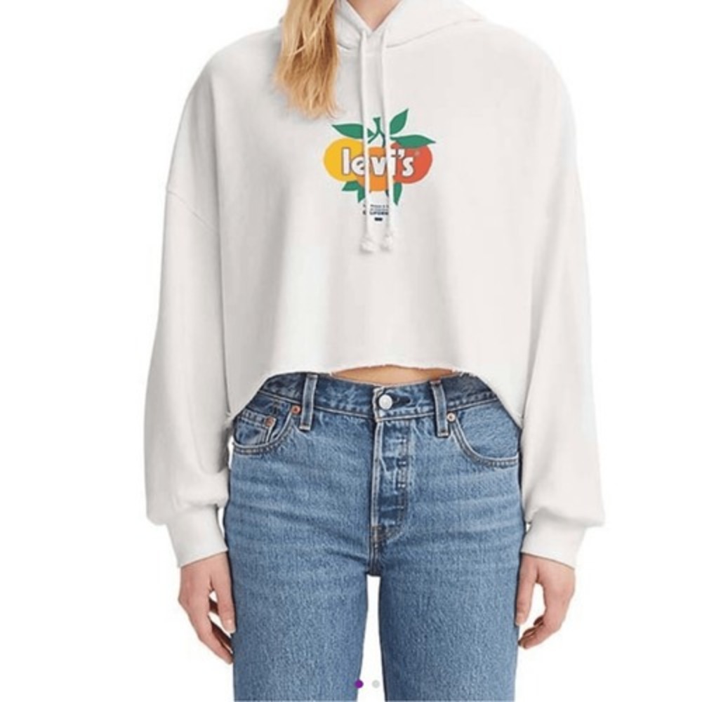 Levi's White Cropped Hoodie Orange Fruit Graphic Raw Hem Drawstring Hood Size‎ S